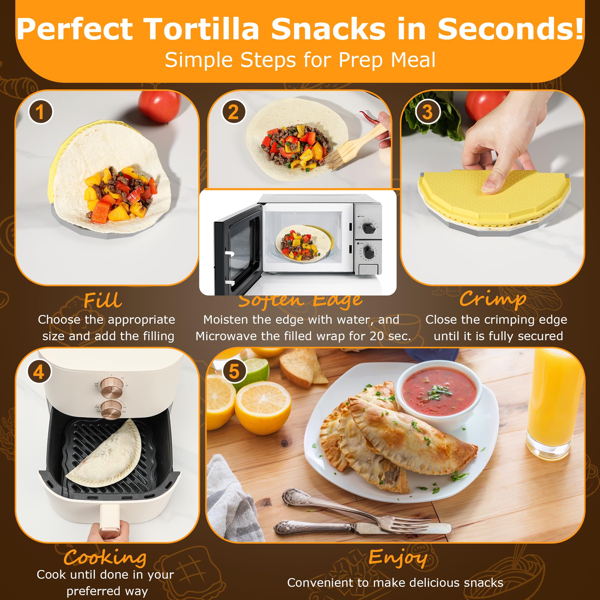 Tortilla Sealer Crimper - Quesadilla Maker for 10"+8"+6"+4" Flour Tortillas | 4pcs Press Make Sealed Taco,Quesadilla,Empanada,Burrito,Dumpling,Sandwich,BPA-Free,Dishwasher Safe (Black Yellow)