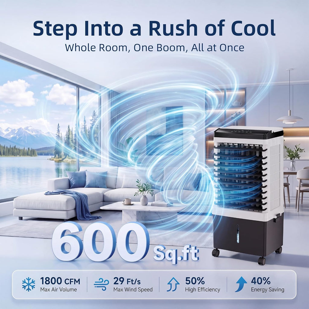 Swamp Cooler, 1800 CFM Windowless Portable Air Conditioner with 5.3 Gal Water Tank, 120° Swing, 12H Timer, 3-IN-1 Evaporative Air Cooler for 600 Sq.ft, Cooling Fan, AC Unit for Room, Office, Bedroom