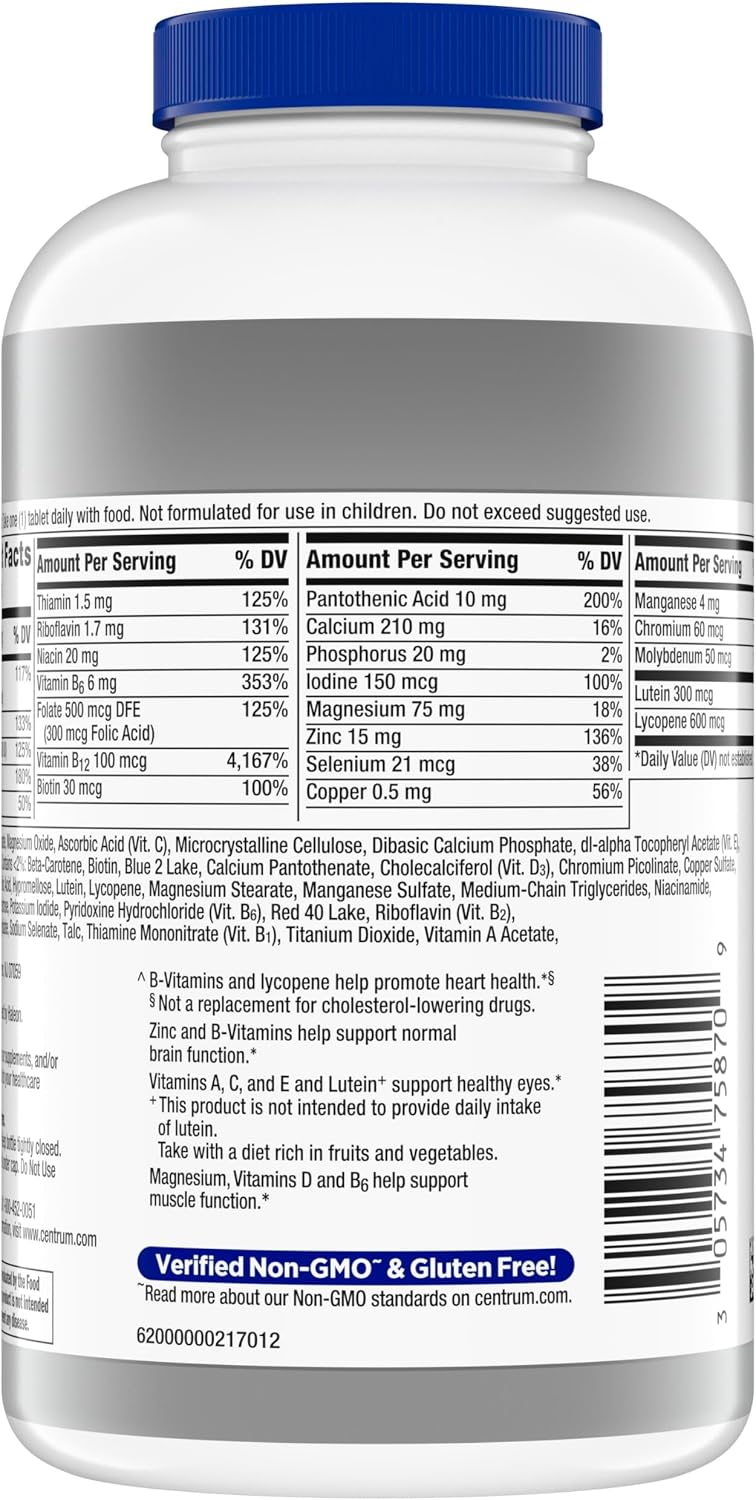Centrum Silver Men's 50+ Multivitamin with Vitamin D3, B-Vitamins, Zinc for Memory and Cognition - 200 Tablets | Contains Vitamins D3, E, B6, and B12, Gluten Free, Non-GMO Ingredients, GLP-1 Support