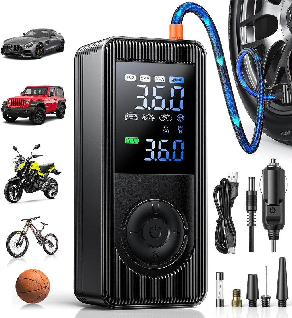 Tire Inflator Portable Air Compressor - 150 PSI 4X Fast Inflation Rechargeable Battery & 12V DC Adapter Powered Air Pump for Car Bike Motorcycle Tires Balls with LCD Display, LED Light