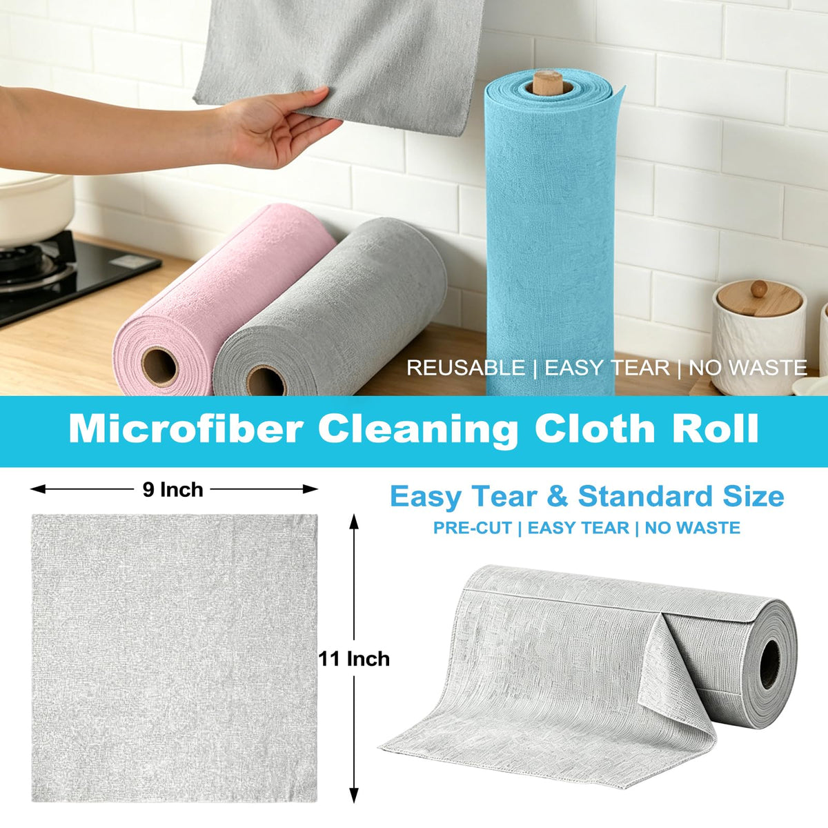 Puomue 55 Pack Microfiber Cleaning Cloth Roll, Tear Away Reusable Paper Towels, 11" x 9", Ultra Absorbent & Lint Free Microfiber Cloth for Cleaning Cars, Kitchen, Window, Home and Shop, Grey