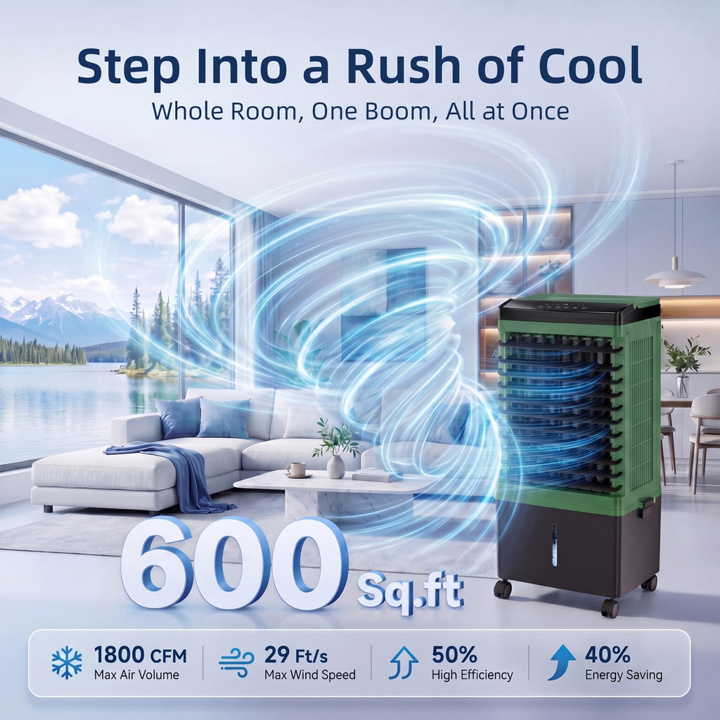 Swamp Cooler, 1800 CFM Windowless Portable Air Conditioner with 5.3 Gal Water Tank, 120° Swing, 12H Timer, 3-IN-1 Evaporative Air Cooler for 600 Sq.ft, Cooling Fan, AC Unit for Room, Office, Bedroom