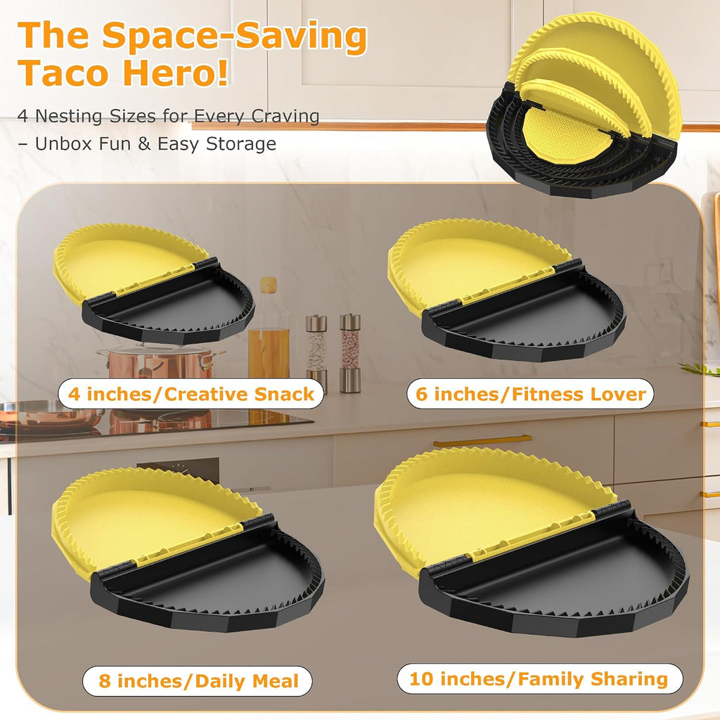 Tortilla Sealer Crimper - Quesadilla Maker for 10"+8"+6"+4" Flour Tortillas | 4pcs Press Make Sealed Taco,Quesadilla,Empanada,Burrito,Dumpling,Sandwich,BPA-Free,Dishwasher Safe (Black Yellow)
