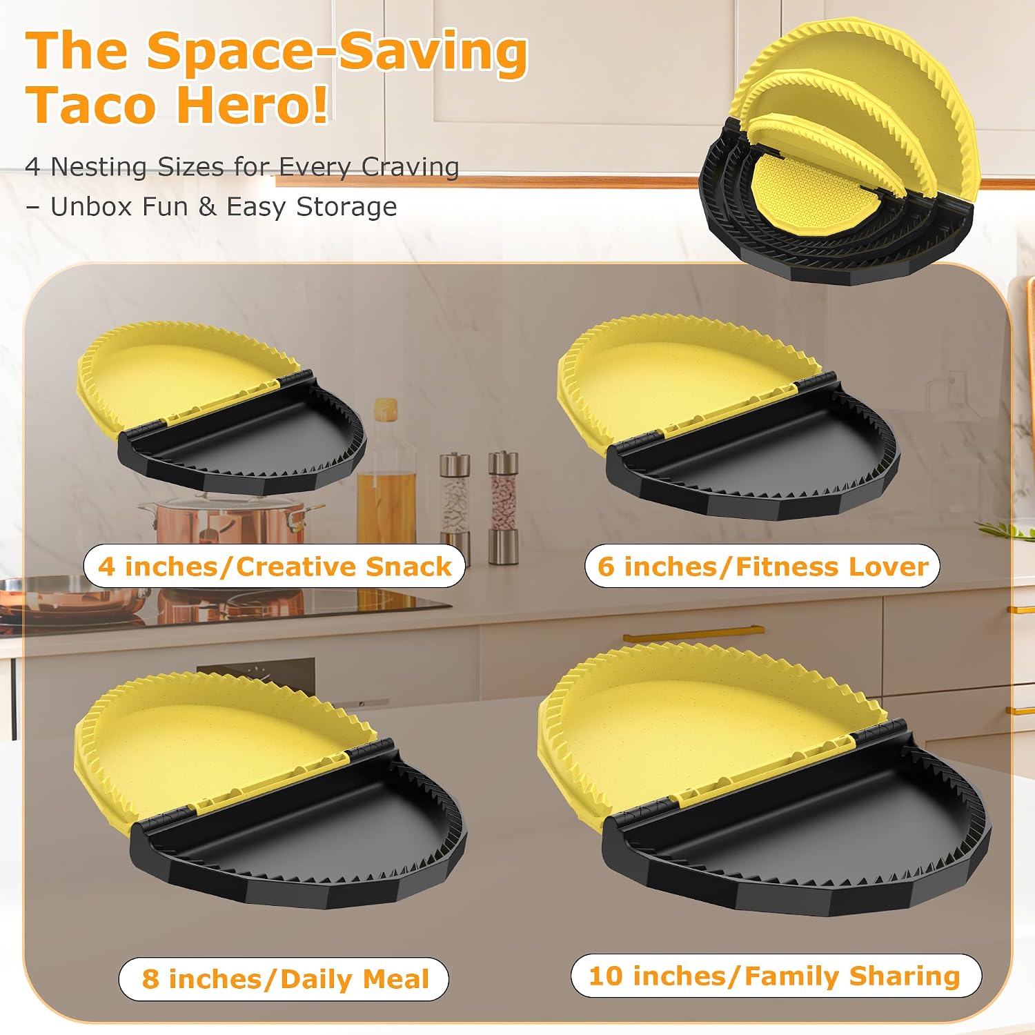 Tortilla Sealer Crimper - Quesadilla Maker for 10"+8"+6"+4" Flour Tortillas | 4pcs Press Make Sealed Taco,Quesadilla,Empanada,Burrito,Dumpling,Sandwich,BPA-Free,Dishwasher Safe (Black Yellow)