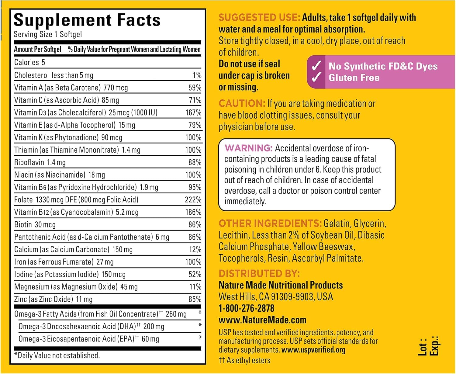 Nature Made Prenatal Vitamins for Women with Folic Acid + DHA, 110 Softgels | Prenatal Vitamin and Mineral Supplement for Daily Nutritional Support, With Folic Acid and 19 Other Nutrients, 110 Day Supply