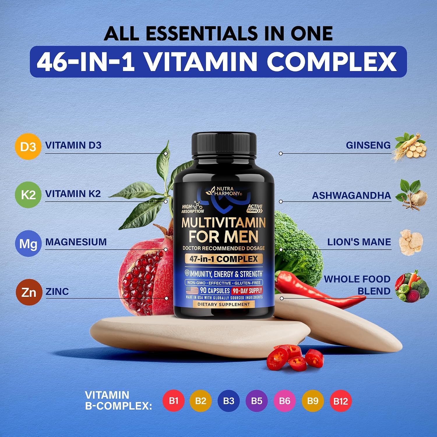 Multivitamin for Men - B-Complex & B12 | Whole Foods & Enzymes - 90 Caps | Mens Multivitamin 46in1 - Energy, Focus & Brain | Men's Health Complex - Bioavailable & Gentle on Stomach - Lab Tested, 1/Day