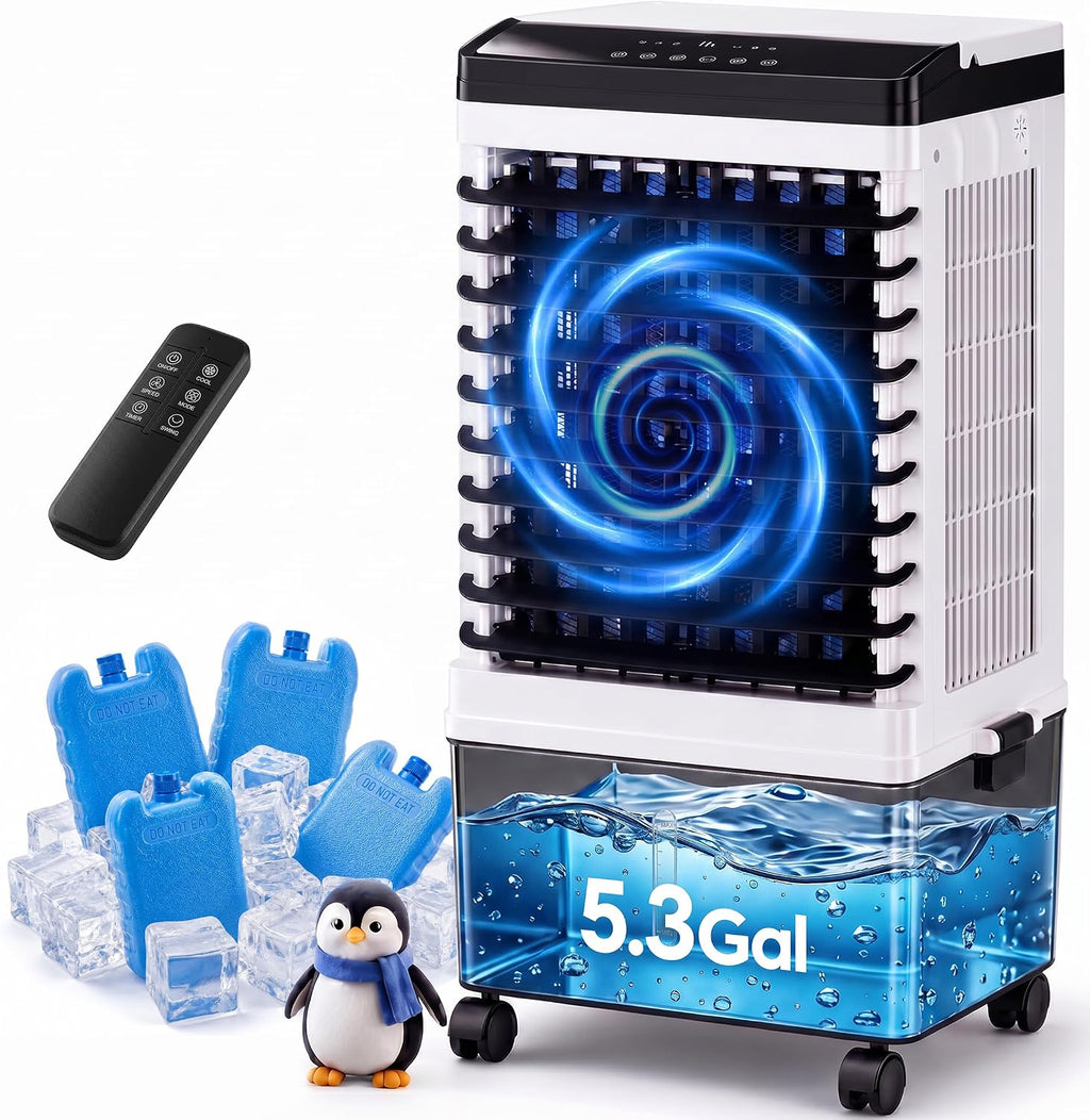 Swamp Cooler, 1800 CFM Windowless Portable Air Conditioner with 5.3 Gal Water Tank, 120° Swing, 12H Timer, 3-IN-1 Evaporative Air Cooler for 600 Sq.ft, Cooling Fan, AC Unit for Room, Office, Bedroom