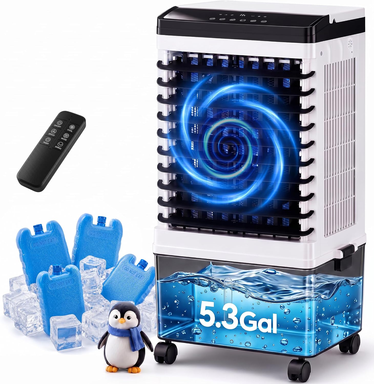 Swamp Cooler, 1800 CFM Windowless Portable Air Conditioner with 5.3 Gal Water Tank, 120° Swing, 12H Timer, 3-IN-1 Evaporative Air Cooler for 600 Sq.ft, Cooling Fan, AC Unit for Room, Office, Bedroom