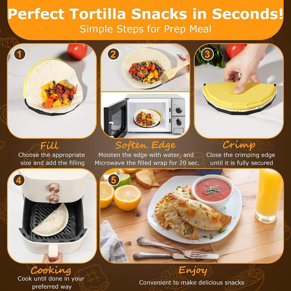 Tortilla Sealer Crimper - Quesadilla Maker for 10"+8"+6"+4" Flour Tortillas | 4pcs Press Make Sealed Taco,Quesadilla,Empanada,Burrito,Dumpling,Sandwich,BPA-Free,Dishwasher Safe (Black Yellow)