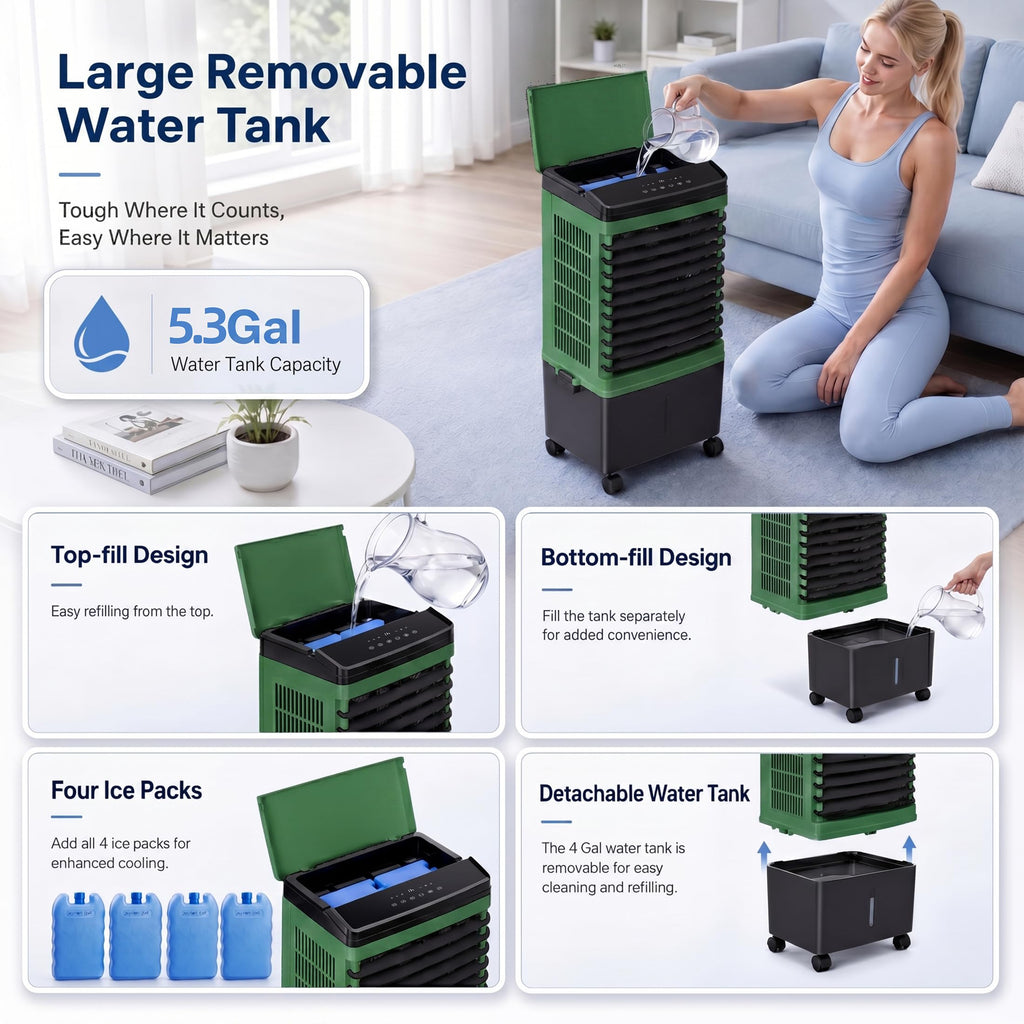 Swamp Cooler, 1800 CFM Windowless Portable Air Conditioner with 5.3 Gal Water Tank, 120° Swing, 12H Timer, 3-IN-1 Evaporative Air Cooler for 600 Sq.ft, Cooling Fan, AC Unit for Room, Office, Bedroom