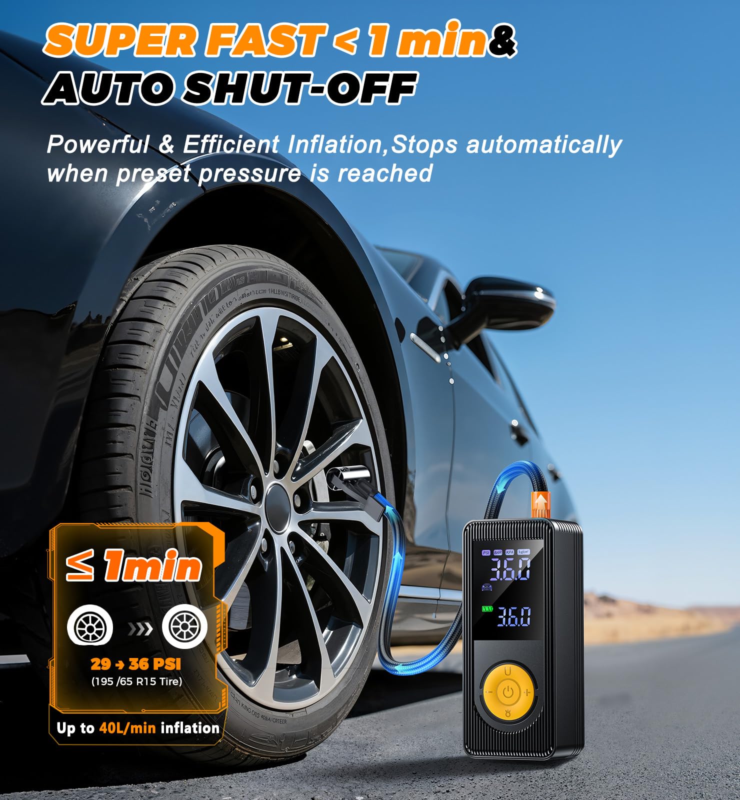 Tire Inflator Portable Air Compressor - 150 PSI 4X Fast Inflation Rechargeable Battery & 12V DC Adapter Powered Air Pump for Car Bike Motorcycle Tires Balls with LCD Display, LED Light