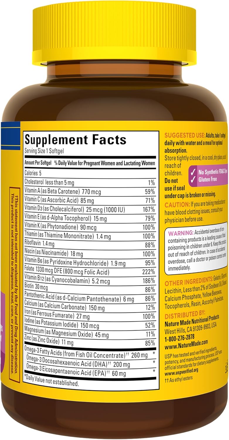 Nature Made Prenatal Vitamins for Women with Folic Acid + DHA, 110 Softgels | Prenatal Vitamin and Mineral Supplement for Daily Nutritional Support, With Folic Acid and 19 Other Nutrients, 110 Day Supply