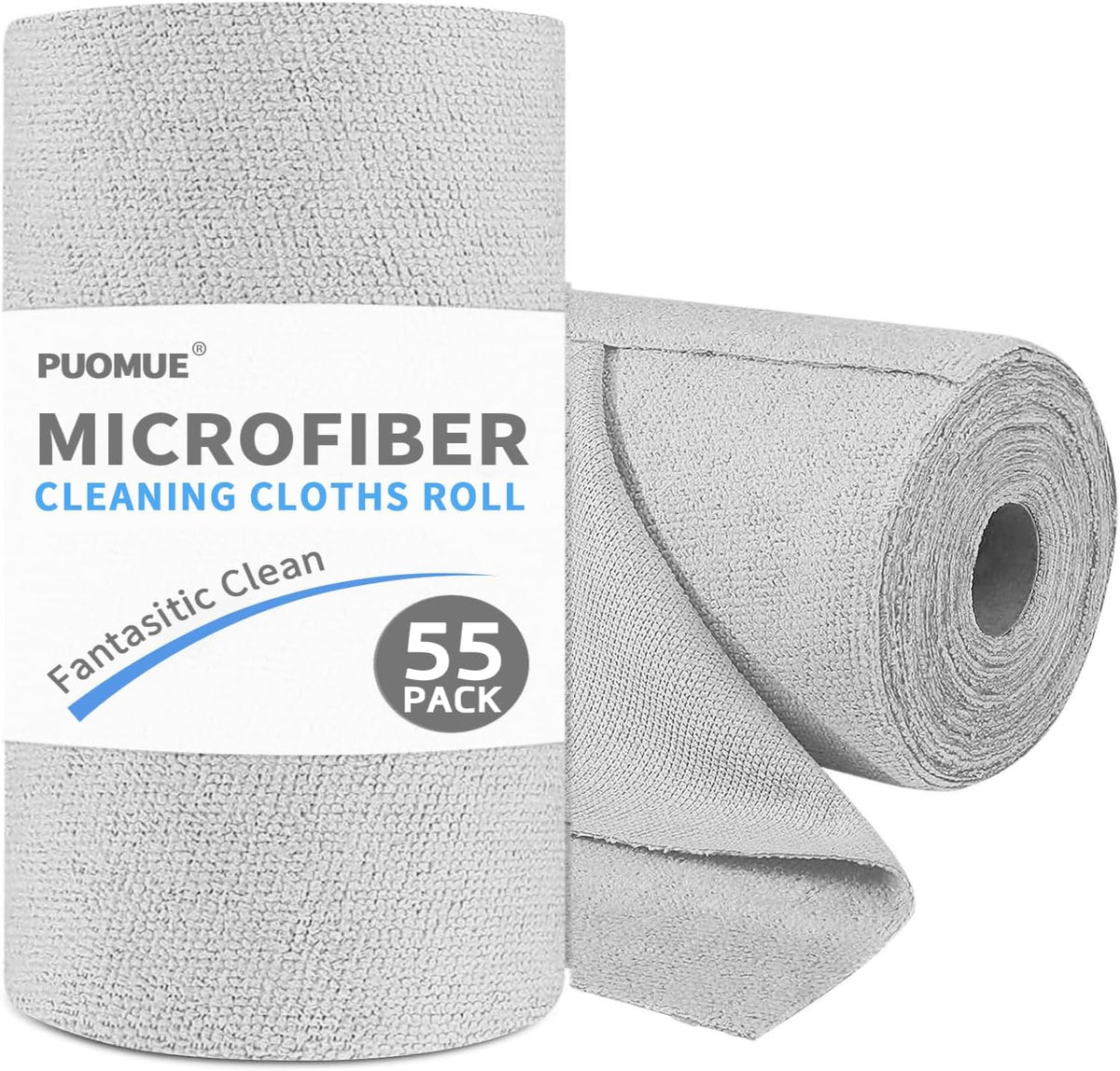 Puomue 55 Pack Microfiber Cleaning Cloth Roll, Tear Away Reusable Paper Towels, 11" x 9", Ultra Absorbent & Lint Free Microfiber Cloth for Cleaning Cars, Kitchen, Window, Home and Shop, Grey