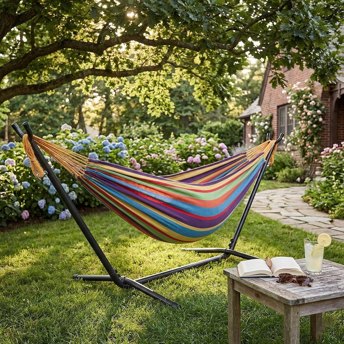Portable Outdoor Hammock with Stand, Heavy Duty Steel Frame and Carrying Bag, Multi-Color Striped Polyester Fabric Hammock for Patio, Garden, Backyard & Camping, 250lbs Capacity