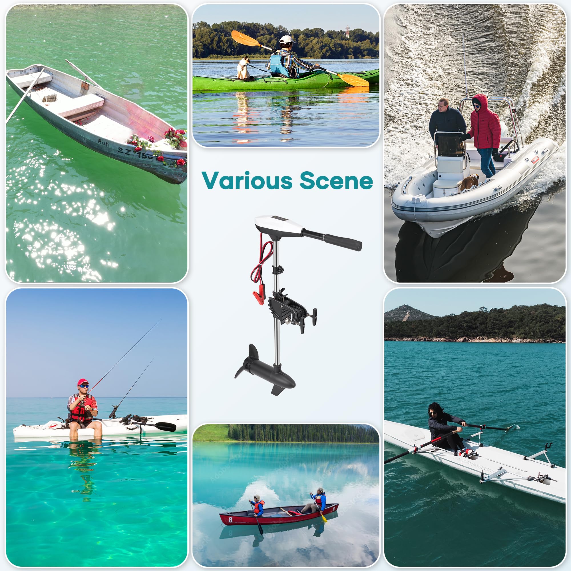 55lb Thrust Trolling Motor 8 Speed Electric Outboard Motor Kayak Motor with Adjustment 6-inch Extendable Handle, 30'' Shaft Length, LED Indicator, Transom Mounted for Kayak, Fishing Boat(Black)