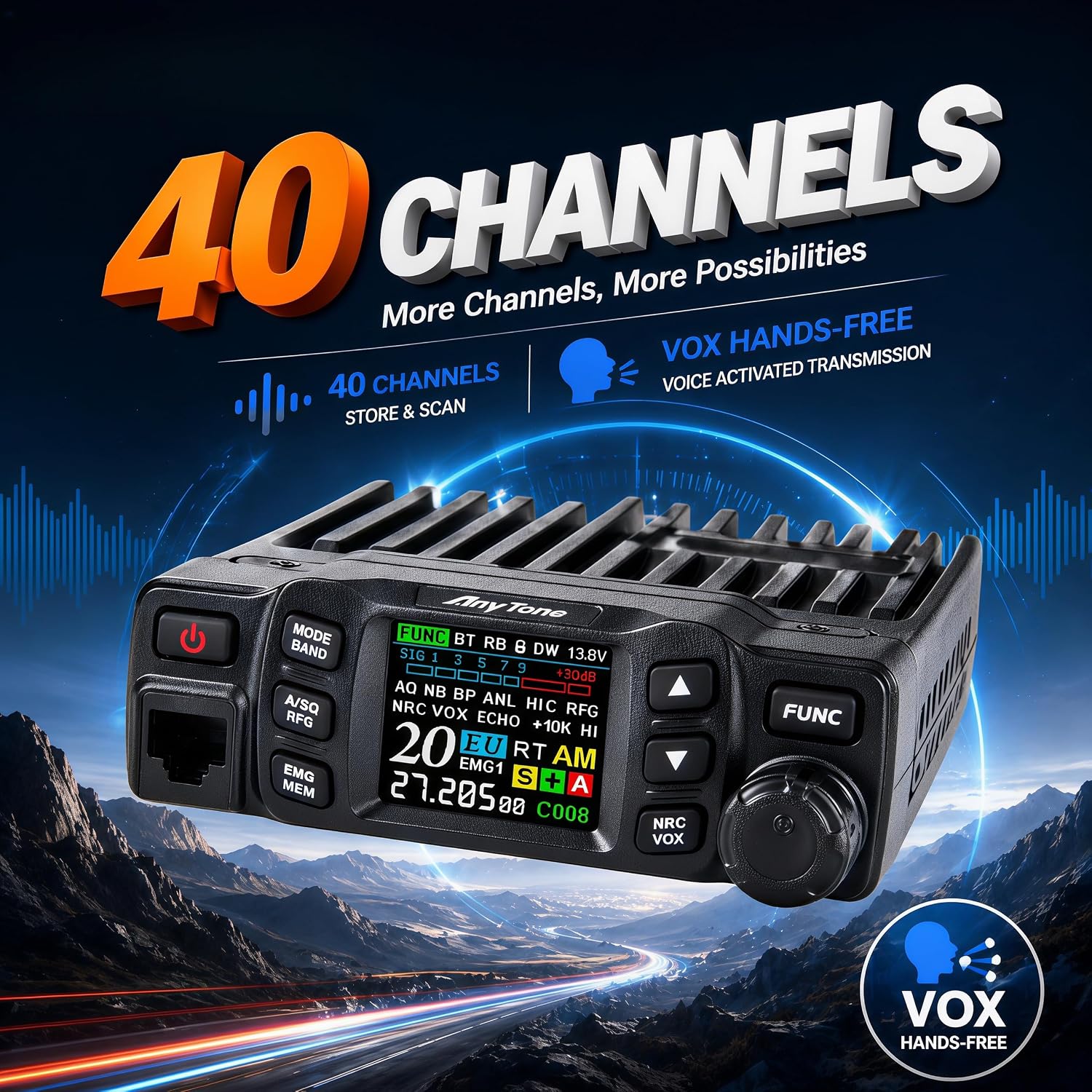 AnyTone AT-5000 CB Radio with SSB, 40 Channels Mobile Transceiver, USB/LSB, NOAA Weather, NRC Noise Reduction, SWR Meter, VOX, 12V/24V for Semi Trucks