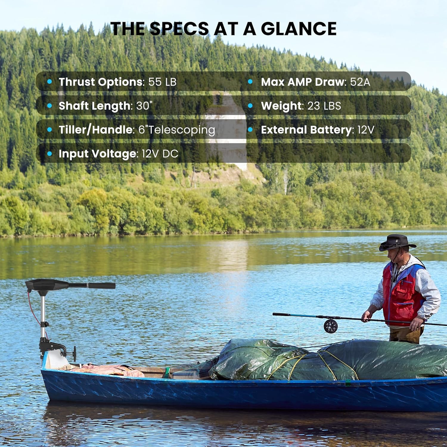 55lb Thrust Trolling Motor 8 Speed Electric Outboard Motor Kayak Motor with Adjustment 6-inch Extendable Handle, 30'' Shaft Length, LED Indicator, Transom Mounted for Kayak, Fishing Boat(Black)