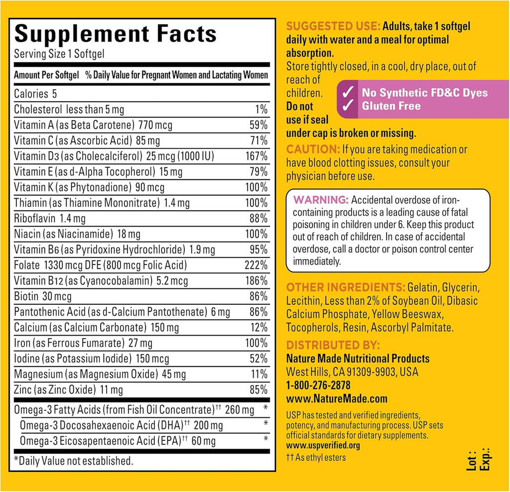 Nature Made Prenatal Vitamins for Women with Folic Acid + DHA, 110 Softgels | Prenatal Vitamin and Mineral Supplement for Daily Nutritional Support, With Folic Acid and 19 Other Nutrients, 110 Day Supply