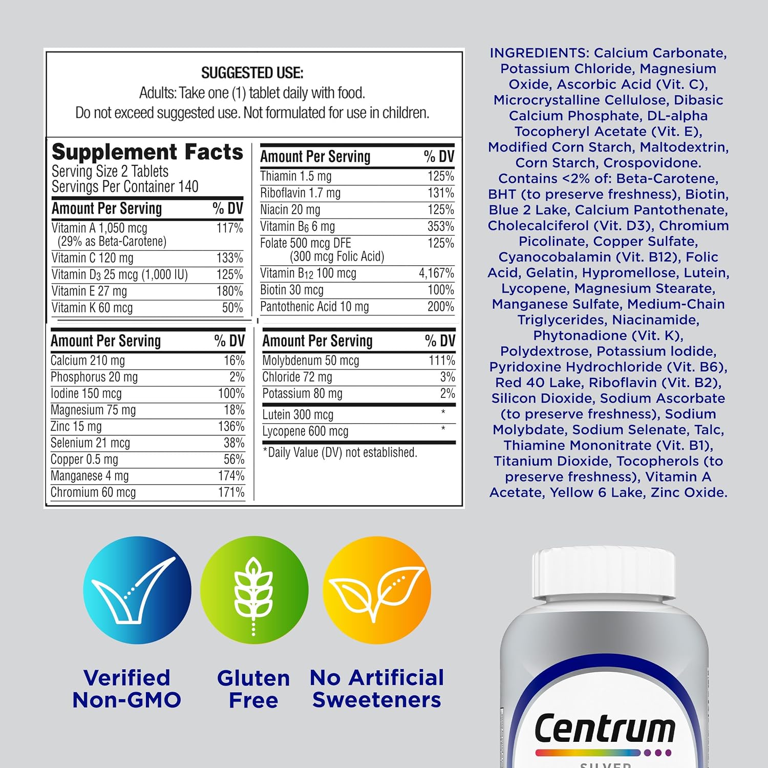 Centrum Silver Men's 50+ Multivitamin with Vitamin D3, B-Vitamins, Zinc for Memory and Cognition - 200 Tablets | Contains Vitamins D3, E, B6, and B12, Gluten Free, Non-GMO Ingredients, GLP-1 Support