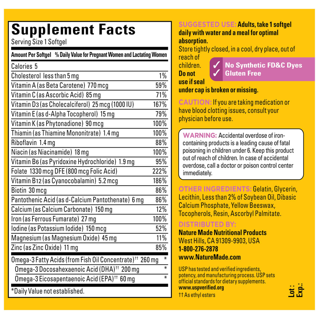 Nature Made Prenatal Vitamins for Women with Folic Acid + DHA, 110 Softgels | Prenatal Vitamin and Mineral Supplement for Daily Nutritional Support, With Folic Acid and 19 Other Nutrients, 110 Day Supply