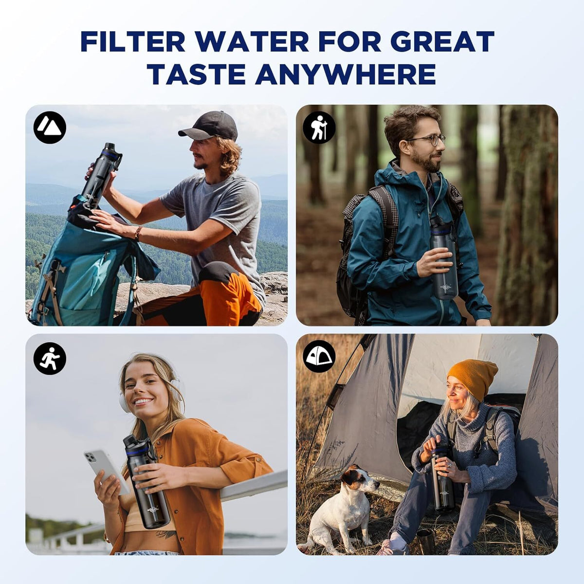 1060mL Water Filter Bottle,2*Replaceable Filters,4Stage|F Daily Hydration Travel