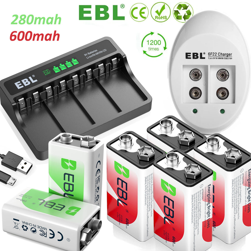 EBL 9V Li-Ion Rechargeable Batteries 9 Volt 6F22 / 2~4 Slot Battery Charger Lot