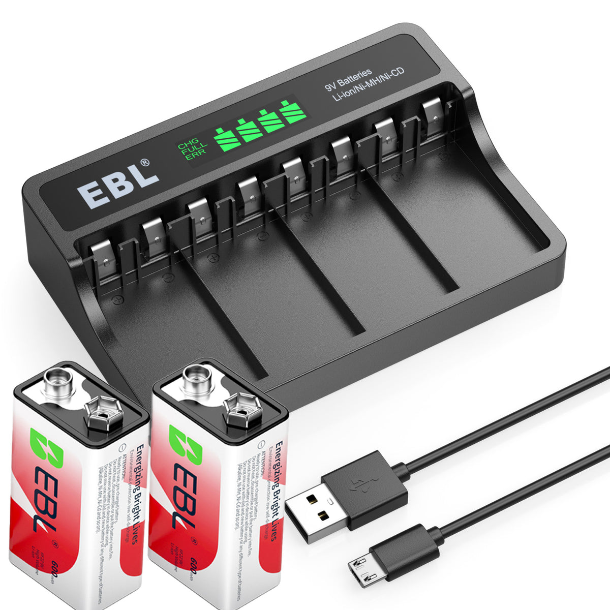 EBL 9V Li-Ion Rechargeable Batteries 9 Volt 6F22 / 2~4 Slot Battery Charger Lot