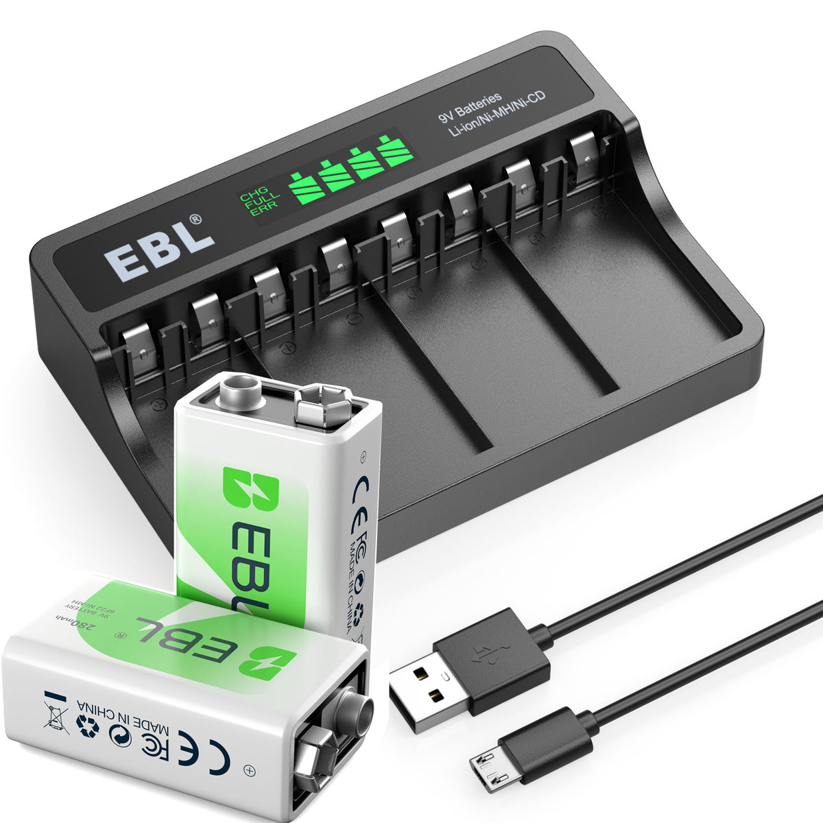 EBL 9V Li-Ion Rechargeable Batteries 9 Volt 6F22 / 2~4 Slot Battery Charger Lot